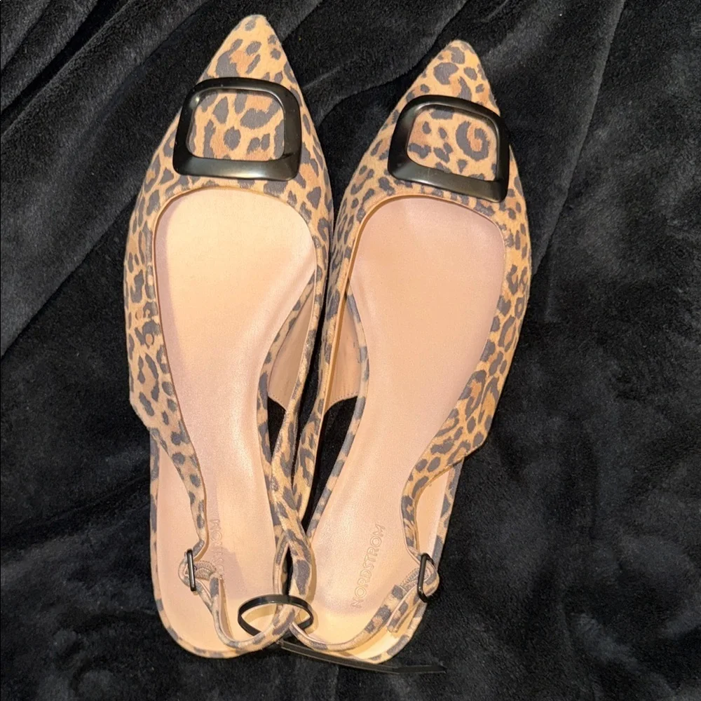 Nordstrom Leopard Print Pointed Slingback Flats with Decorative Metal Buckle